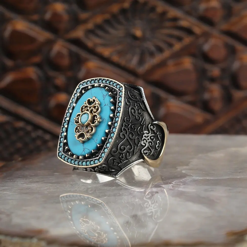 Real Pure 925 Sterling silver ring real turquoise stone hand made made in turkey luxury and trendy model vintage style model