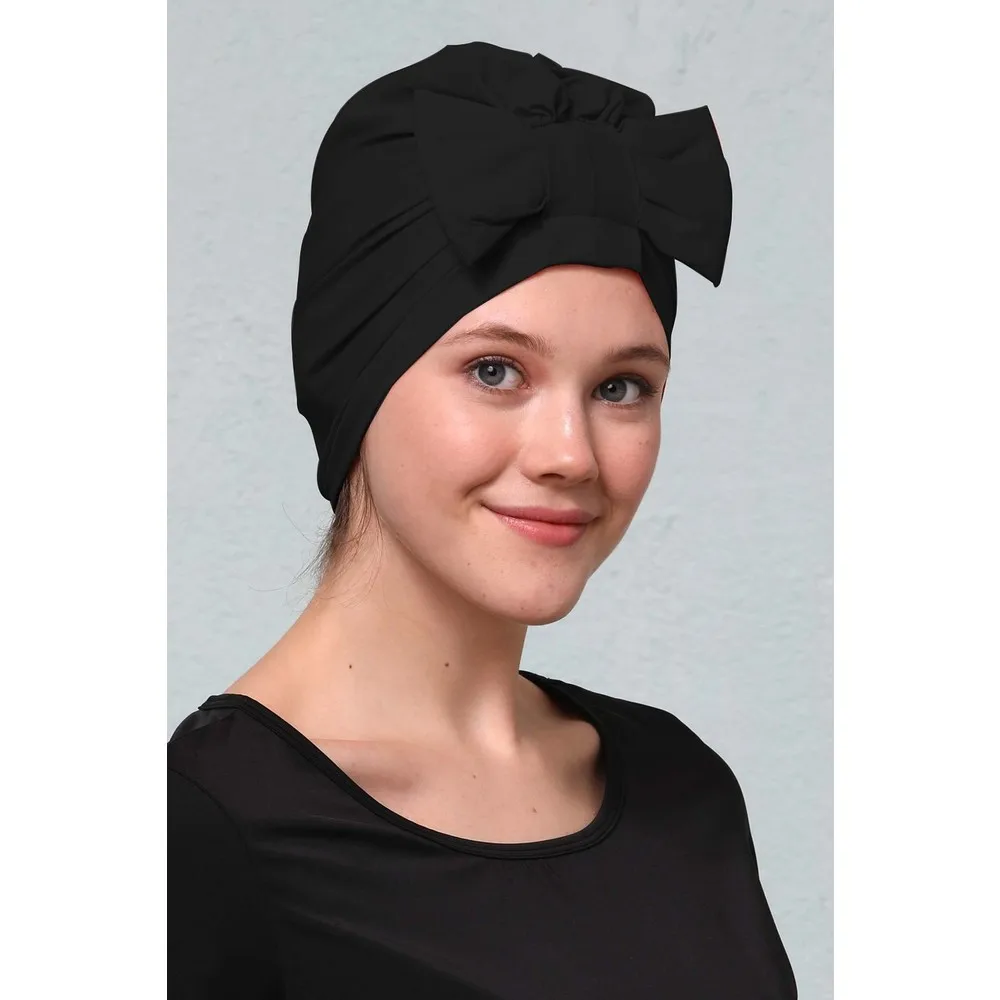 Adult Swimming Caps Black With Bow Women Double-Sided Swimming Pool Hat İslamic Turban Sea Cap Waterproof Ear Protect Elastic