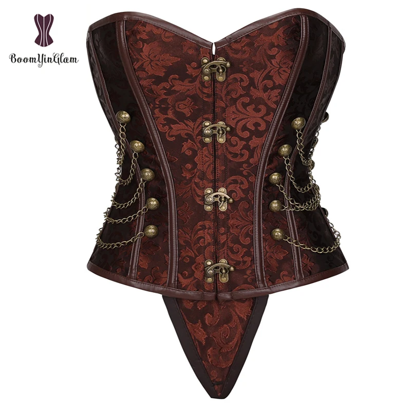 

Front Metal Claps Faux Leather Lingerie Gorset Brocade Women Korsett Brown Steampunk Bustier Corset With Chains