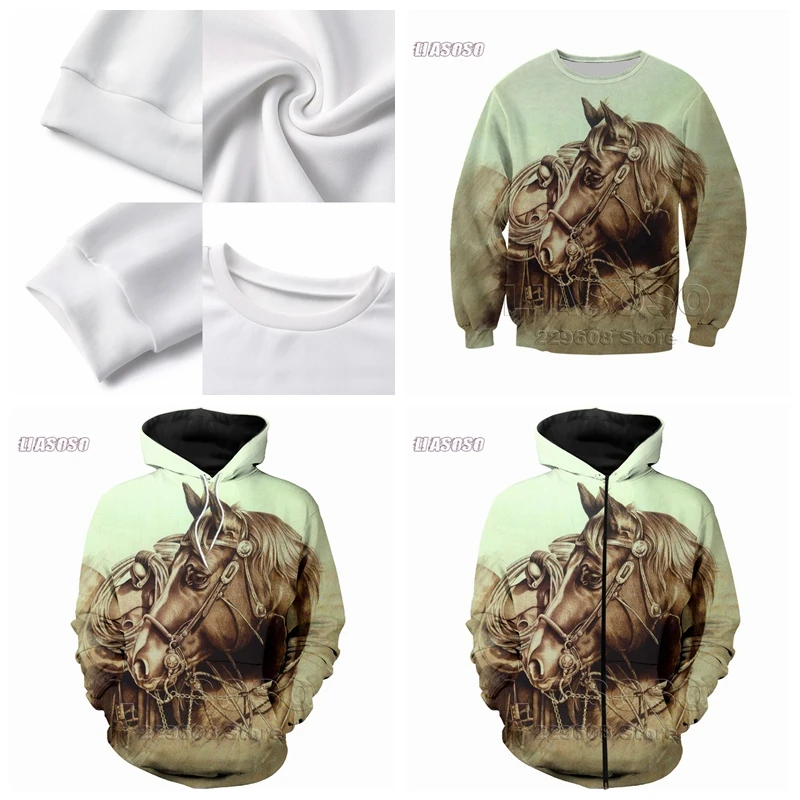 

LIASOSO New Fashion All Over Printed Animal Horse Pattern Sweatshirt Men Women Zip Hoodie Crewneck Pullover