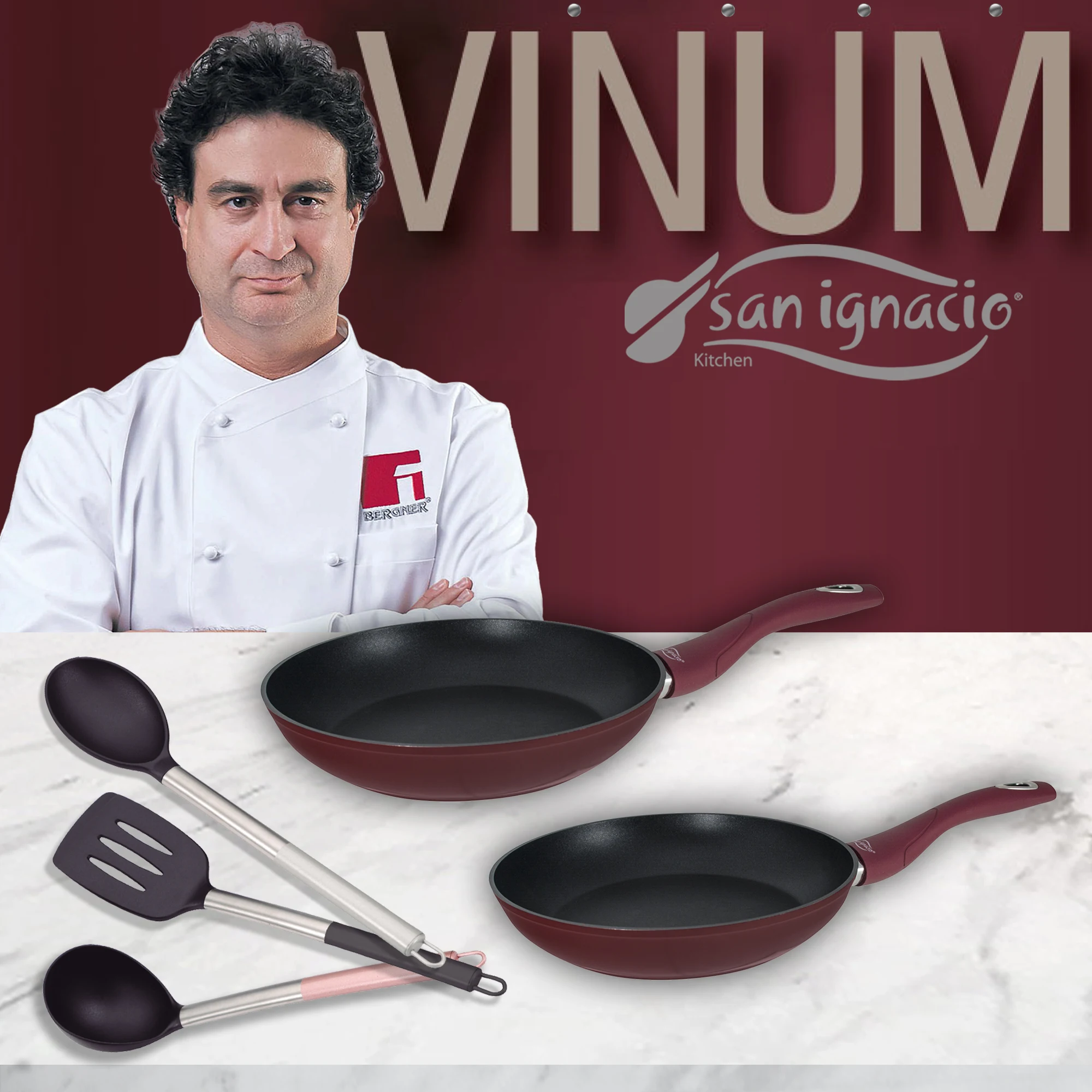 Set of 2 pans (20,24cm) in aluminium with 3 kitchen utensils SAN IGNACIO collection Vinum