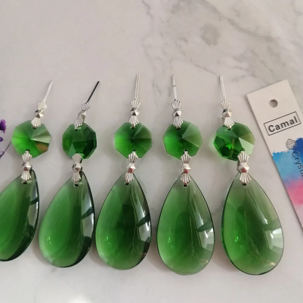 Camal 5PCS 36mm Crystal Green Smooth Teardrop Pendant Prism w/ Bowtie Pins Lamp Lighting Chandelier Parts Hanging Home Decor