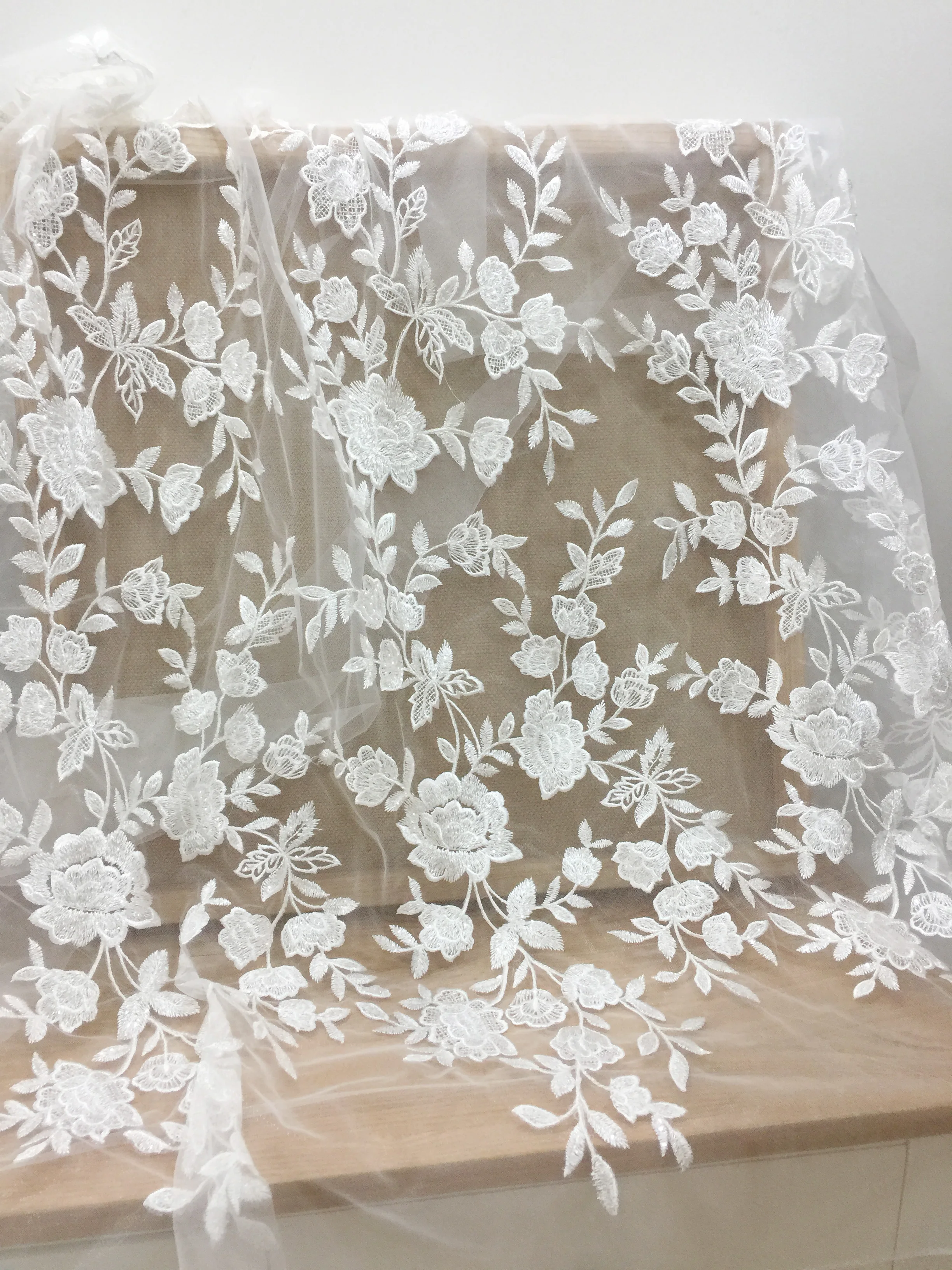 1 Yard Off white clear sequin floral tulle embroidery lace fabric by yard, bridal gown wedding dress couture lace