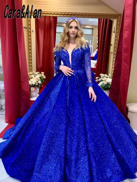 Princess Royal Blue Prom Dresses Sequin A Line Long Sleeves Evening Gowns  For Women Party Sheer Neck Applique - Prom Dresses - AliExpress