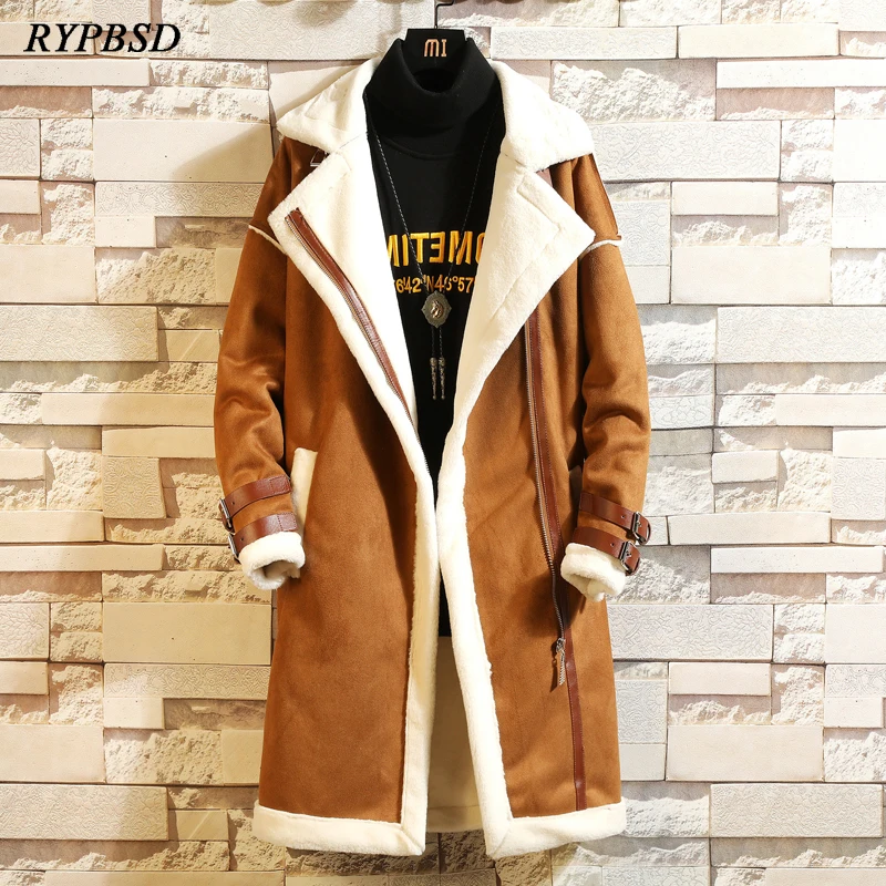 Winter Plush Lamb Suede Jacket Men 2022 Harajuku Fashion Korean Thick Wool Faux Fur Collar Jacket Vintage Long Trench Coat Men