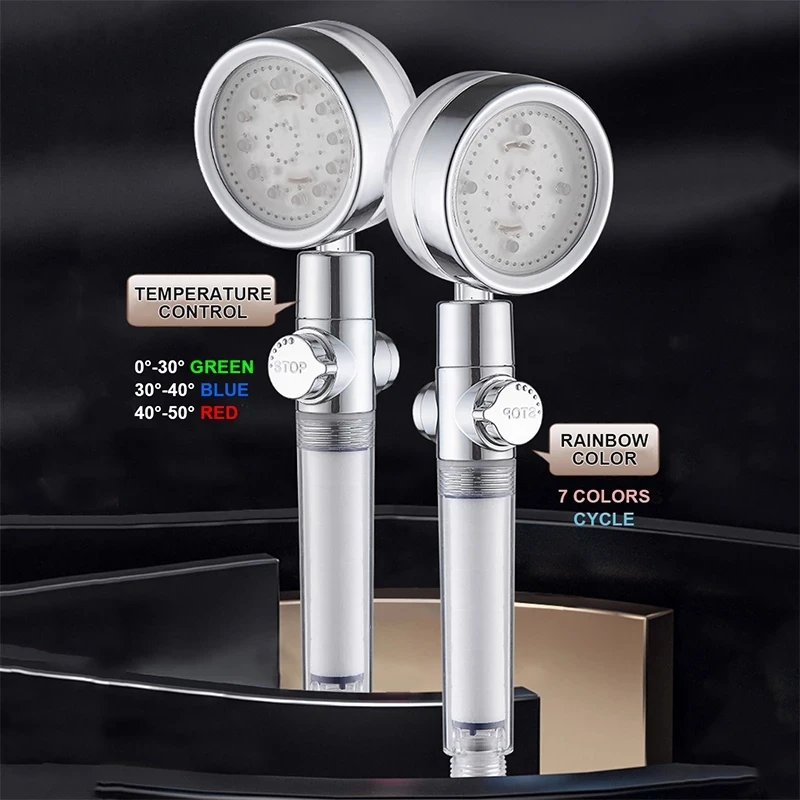 Sliveroct Led Shower Head With Stop Button Water Saving Rainfall Temperature Sensor Bathroom Shower Head High Pressure Filter