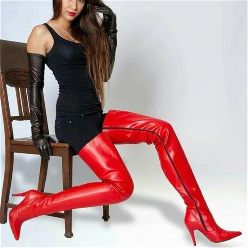 

2020 Fashion Stretch Winter Thigh High Boots Sexy Lady Pointy Slouchy Overknee Boots High Heel Long Boots Women White Red Black