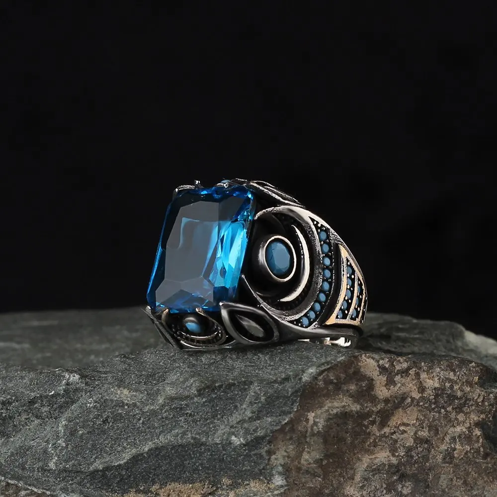 Aqua Marine 925 Sterling Male Silver Ring, Real Natural Stone For Men, Gift Jewelry, turkish Style Fashion Trend Made in Turkey