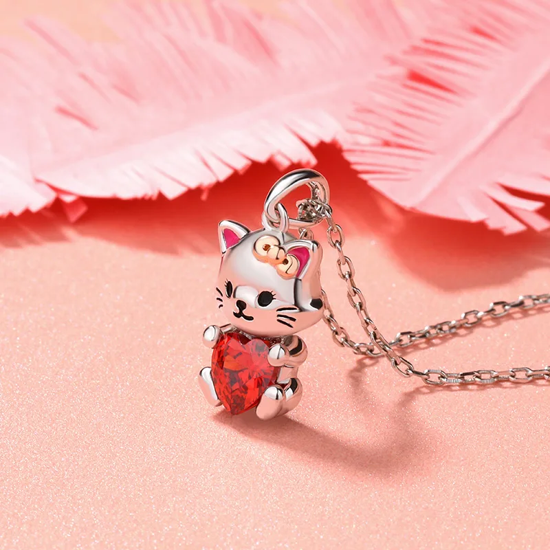 Fashion Income Cute White Cartoon Beloved Cat Animal Necklace Lively Cute Cat Hug Red Love Pendant Pet Cat Girl Gift