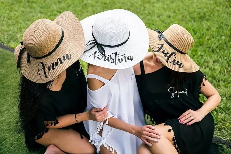 Custom Floppy Hats With Black Ribbons Bridesmaids Sun Hat With Names Bachelorette Hats Bridesmaid Gifts Women\'s Straw Sun Summer