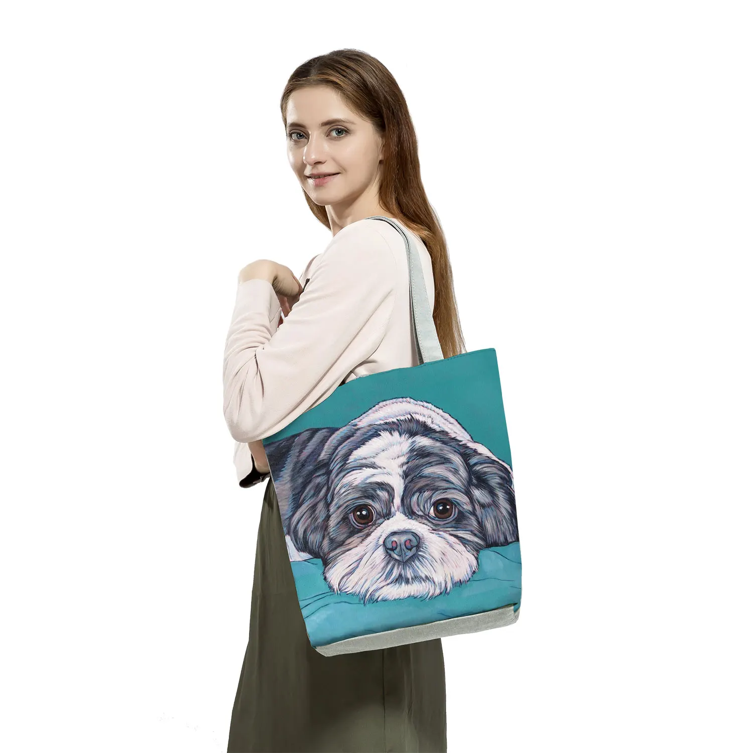 Bolso de hombro con estampado de animales para mujer, bolsa de mano con estampado de perro y pintura al óleo, de gran capacidad, personalizable