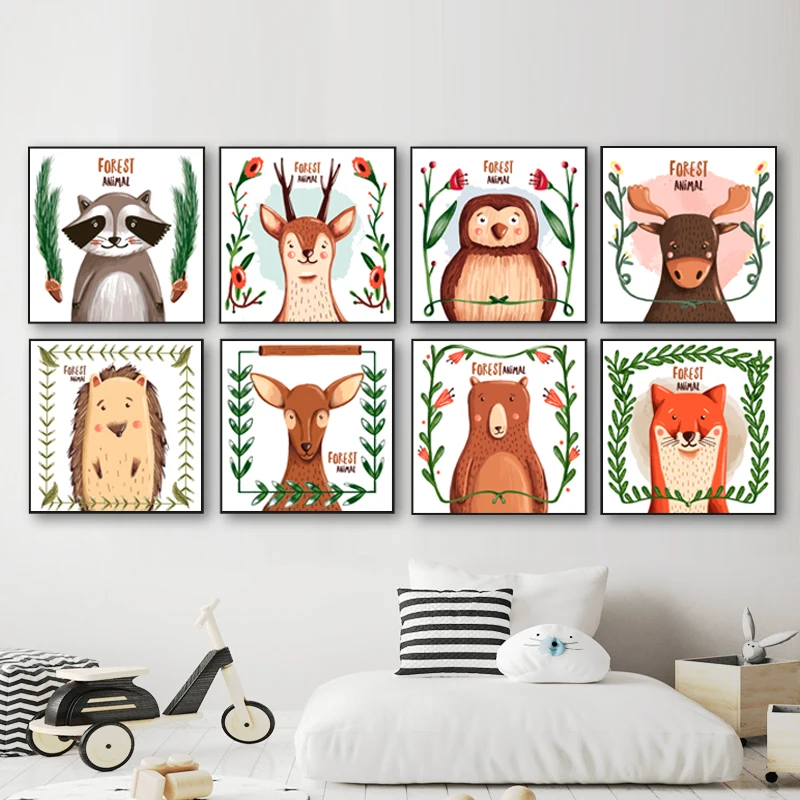 

Raccoon Deer Bear Elk Reindeer Hedgehog Forest Animals Art Canvas Painting Nordic Posters Prints Wall Pictures Kids Room Decor