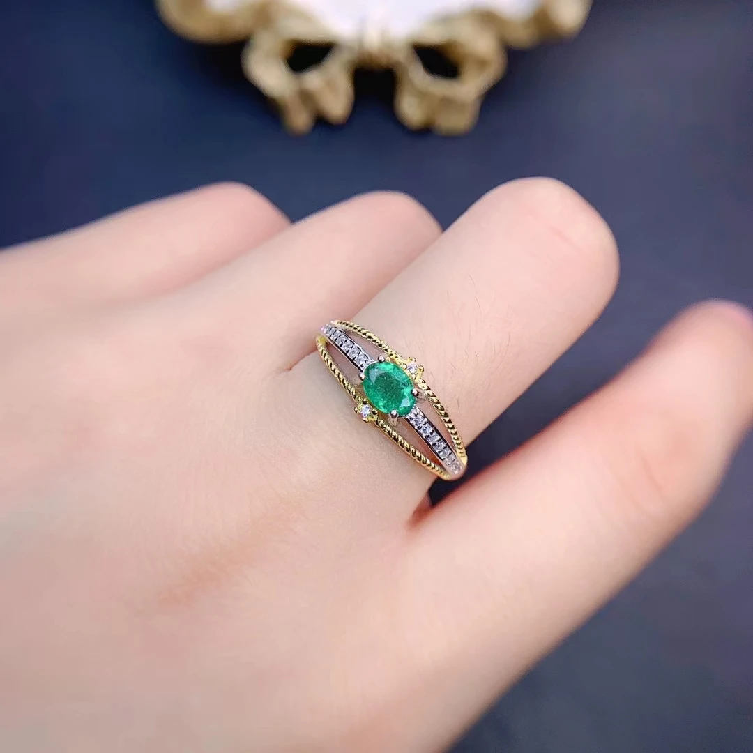 

Fine Jewelry 100% Natural Gemstone Emerald 925 Sterling Silver Plated Platinum Women's Ring