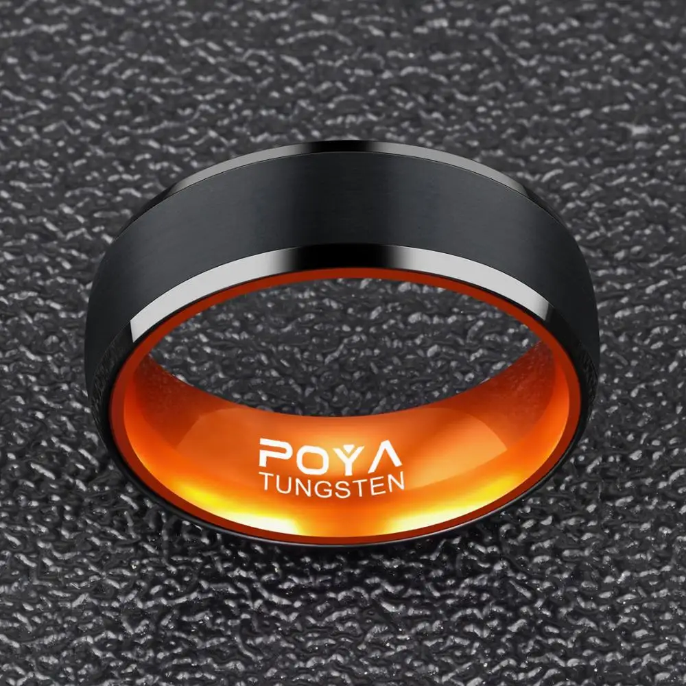 POYA TUNGSTEN Ring Mens 8mm Orange and Black Wedding Band Beveled Edges Comfort Fit