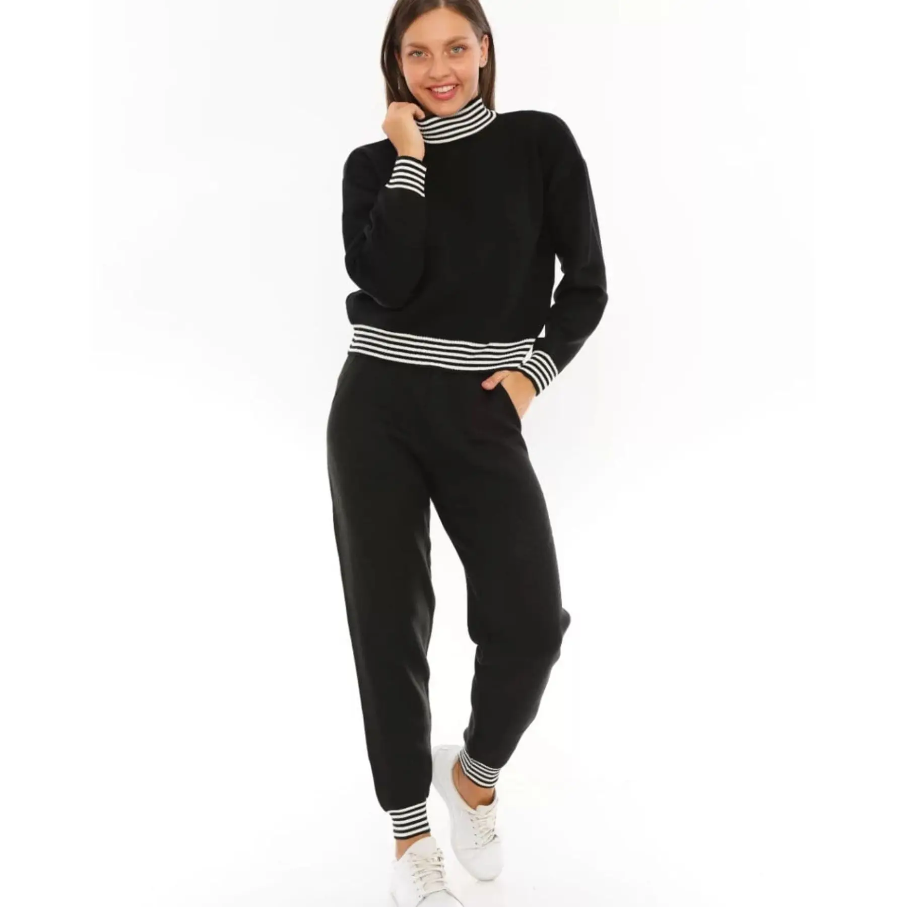 2 Piece Women's Knitted Sports Set Stripe Patterned Long Sleeve Sweater and Comfortable Pant Sportive Knitwear Set Turkey 2021