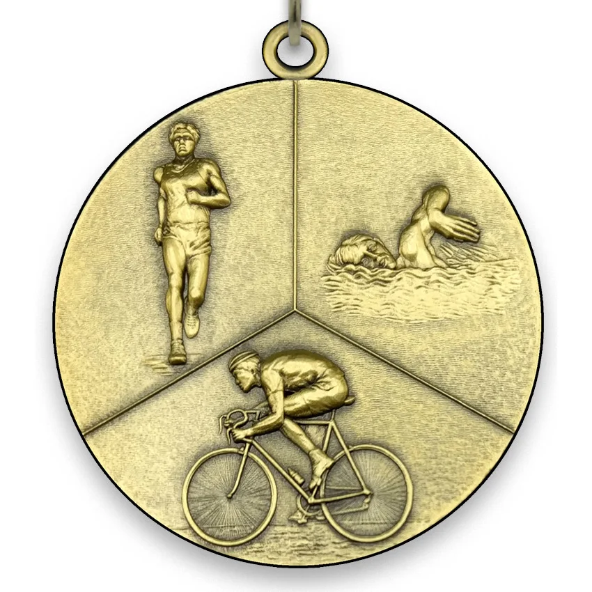 Large Metal Triathlon Medal - Gold - 6,4 cm - with Neck Ribbon size 2,2cm x 80 cm - Choice of Ribbon Colours.