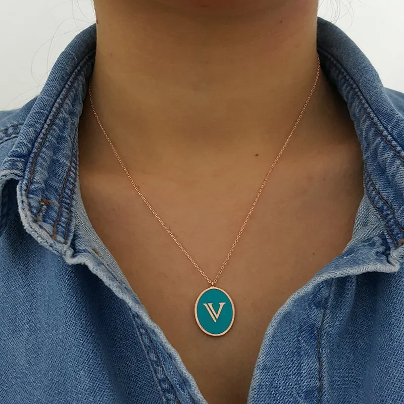 V Initial Letter Necklace Id Necklace Custom Necklace Personalised Necklace Turquoise or Black Enamel Necklace