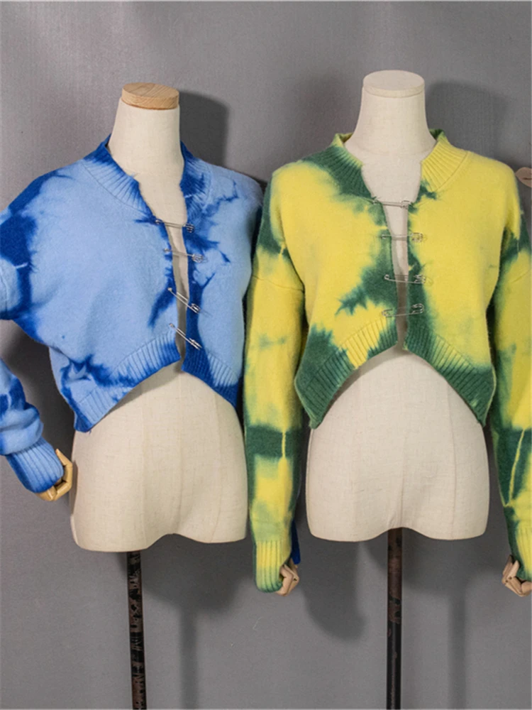 Colorfaith – Cardigans Vintage Tie Dye, nouveauté 2022 Y2K, à la mode, automne hiver, pulls courts pour femmes