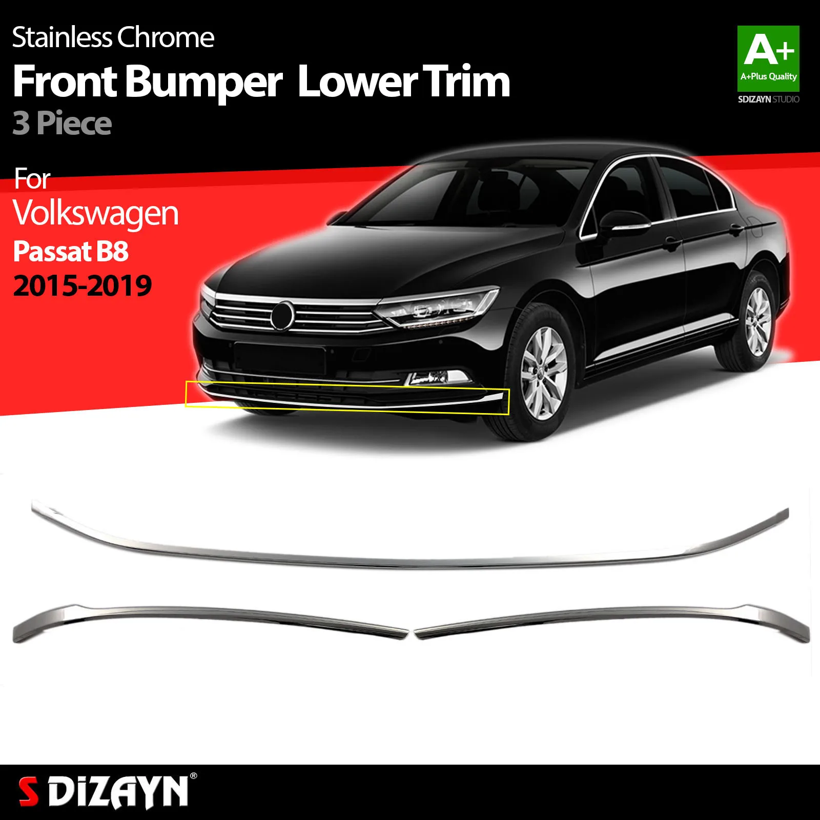 

S Dizayn For Volkswagen Passat B8 Chrome Front Bumper Lower Trim Stainless Steel 3 Pcs VW Exterior Car Accessories Parts Auto