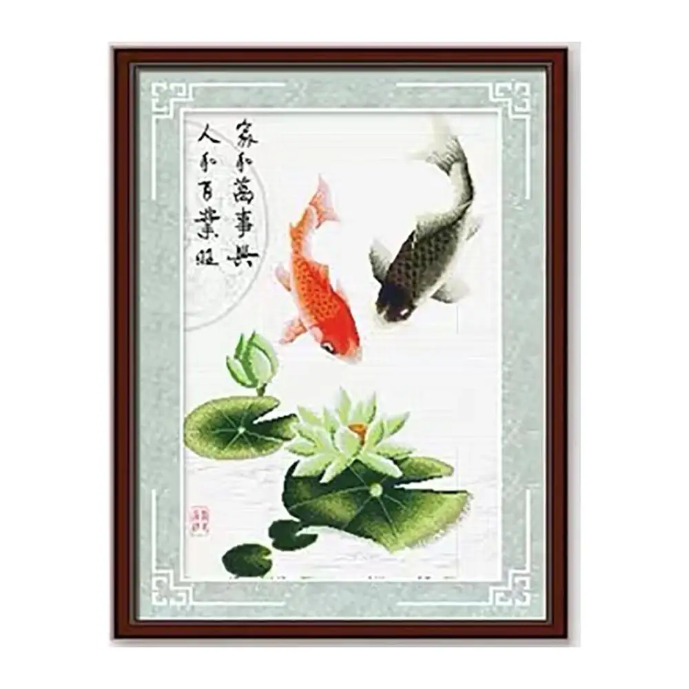 Oriental Art Lotus Twin Koi Fish Red Plum Tree Longevity Peach Blooming Peony Stamped Cross Stitch Kit Embroidery needlework set