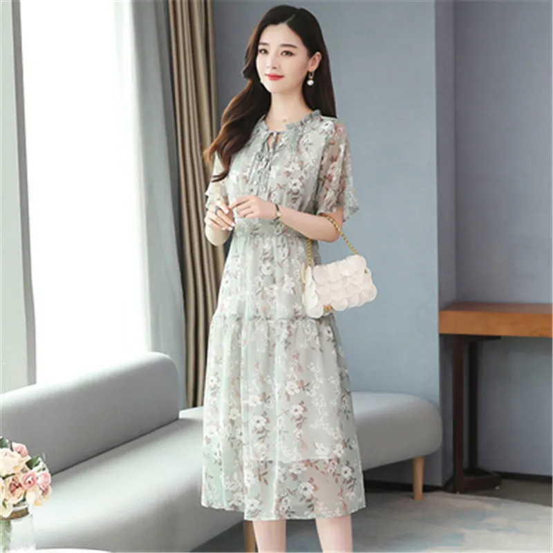

Summer New Chiffon Dress Women o Neck short Sleeve Print Dresses Sweet Print Slim Waist Mid-length Women Dress