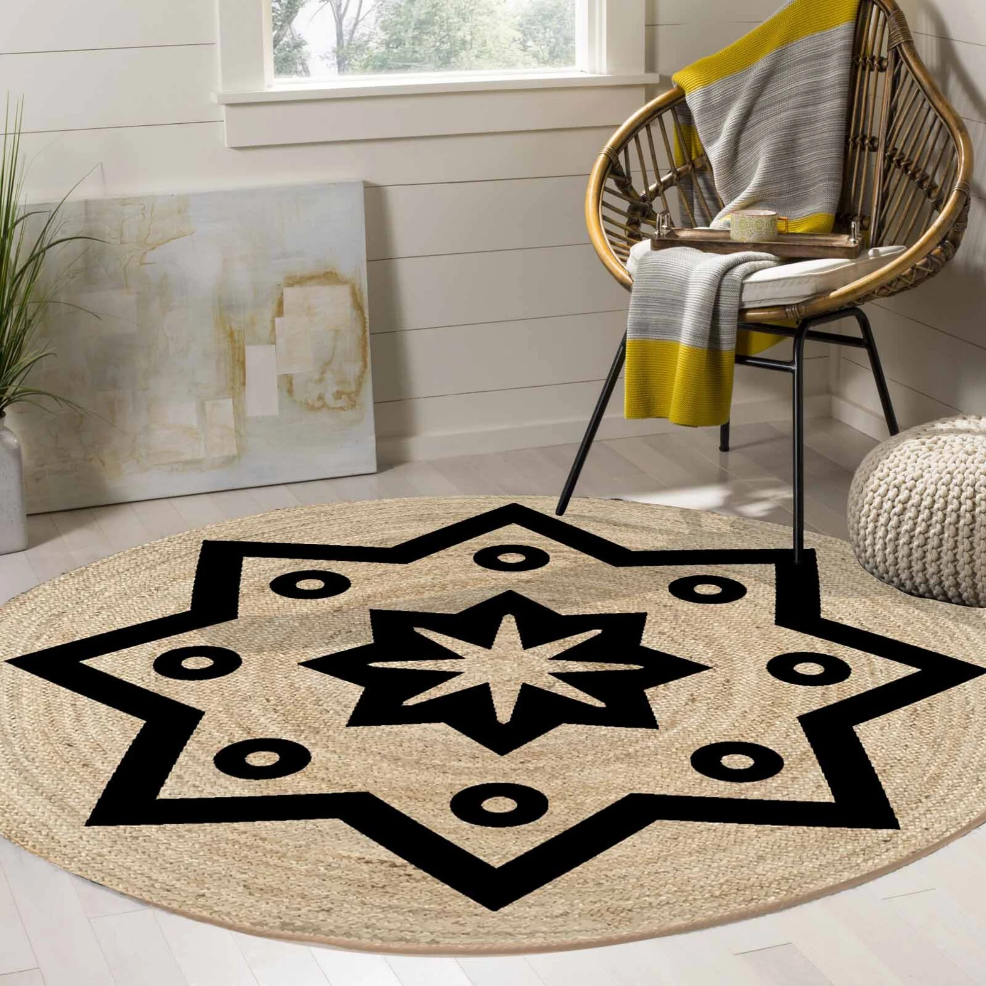 

Else 8 Pointed Star Bohemian Sisal Handmade Flatweave Natural Jute Carpet Round Floor Mat Living Room Bedroom Sisal Area Rug