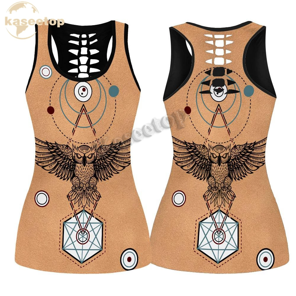 Conjunto de Yoga de dos piezas con estampado 3D para mujer, camiseta sin mangas ahuecada con estampado de búho, tótem Tribal de la paz, Geometría Sagrada, traje de verano