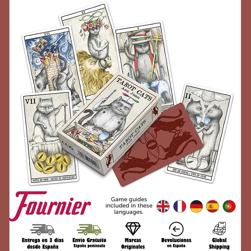 Fournier, 78 card Tarot, cats, Ana Juan, deck, deck, illustrations, adults, esoteric, future guess, game table, play, instructions, Spanish learning, easy, animals, feline life