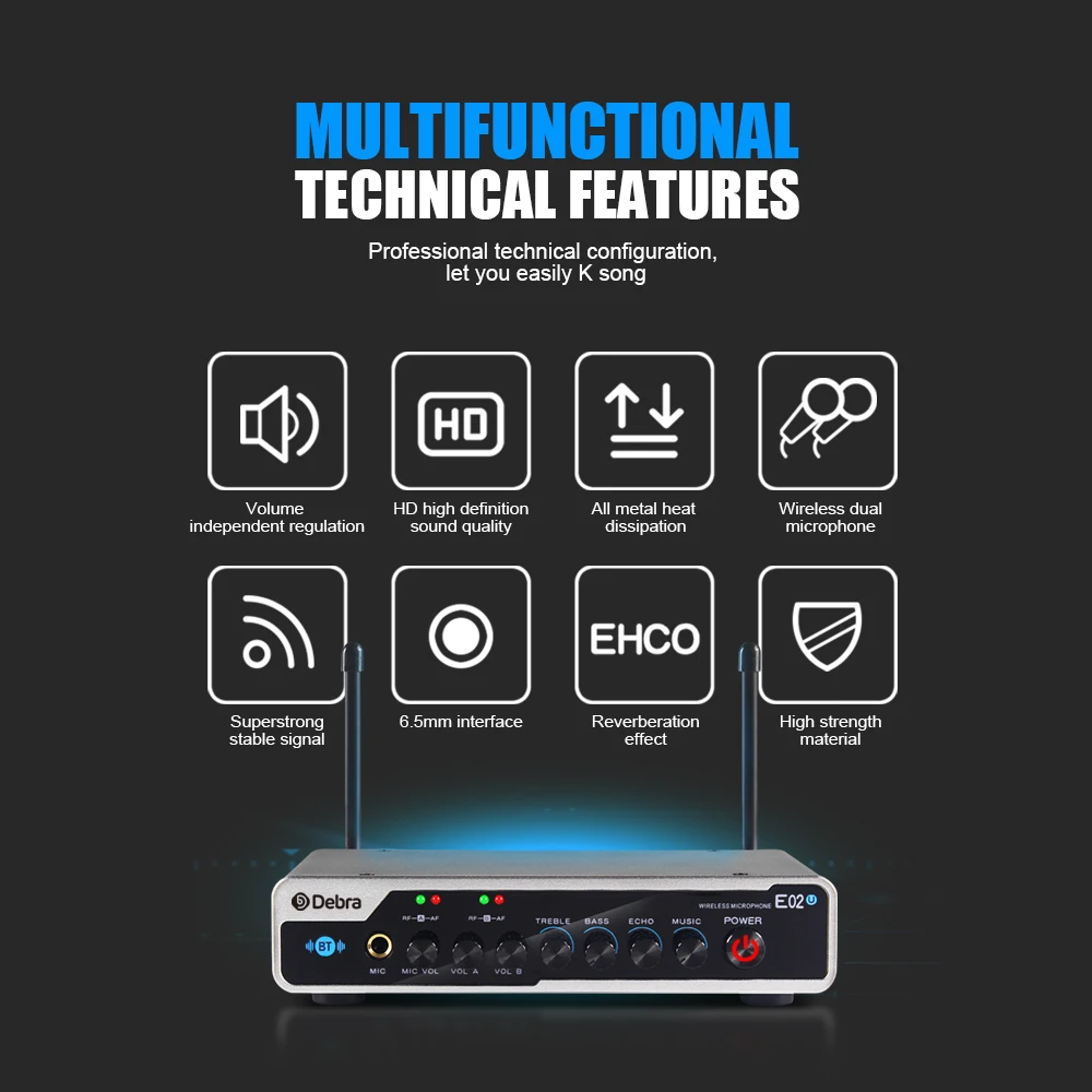 E02U Portable Wireless Microphone System, 2 Handheld With Bluetooth And Reverb, For Family Parties, Small Activities