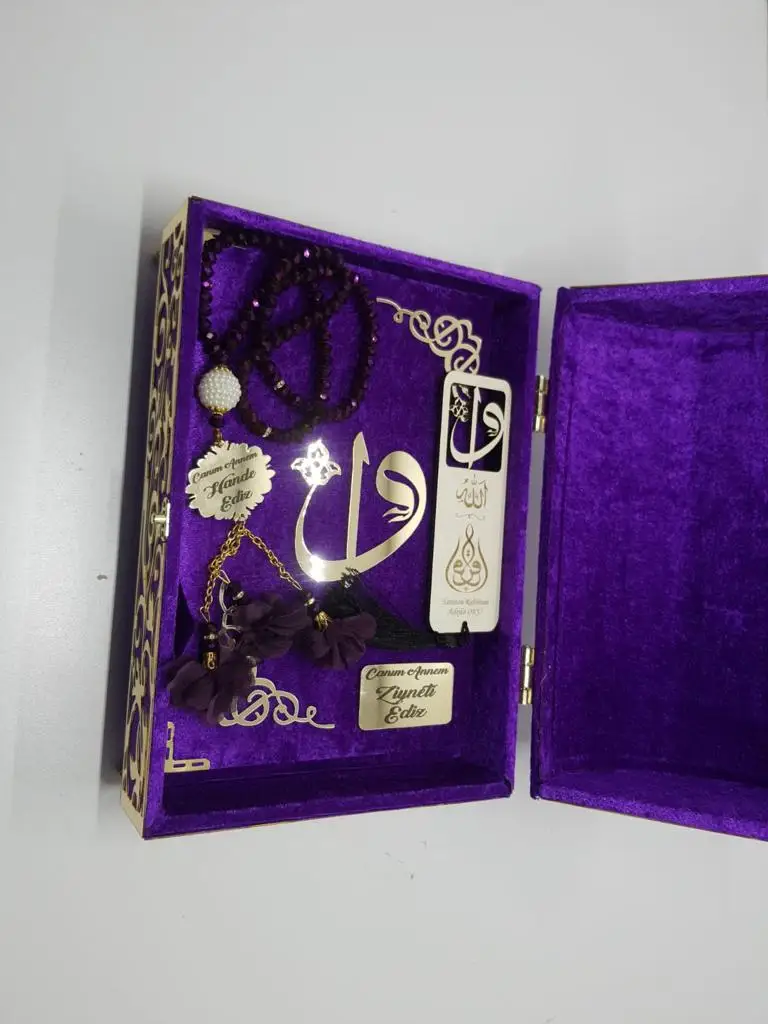 Big Size Luxury Boxed Quran Set Gift Velvet Purple Color Quran Pearl Rosary