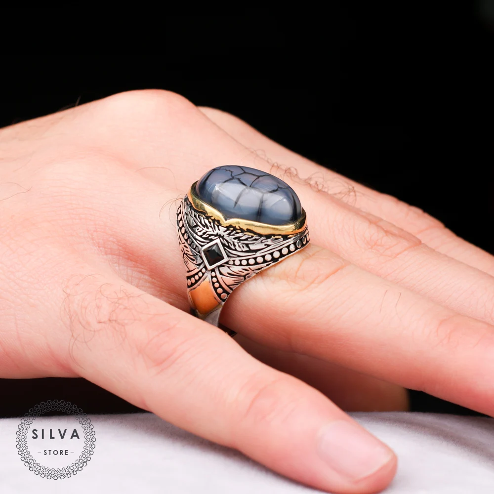 Original 925 Silver Men\'s Ring With Agate Stone. Men\'s Jewelry Stamped With Silver Stamp 925 All Sizes Are Available