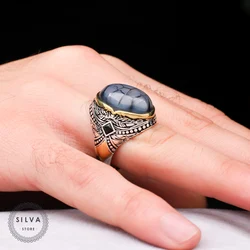 Original 925 Silver Men's Ring With Agate Stone. Men's Jewelry Stamped With Silver Stamp 925 All Sizes Are Available