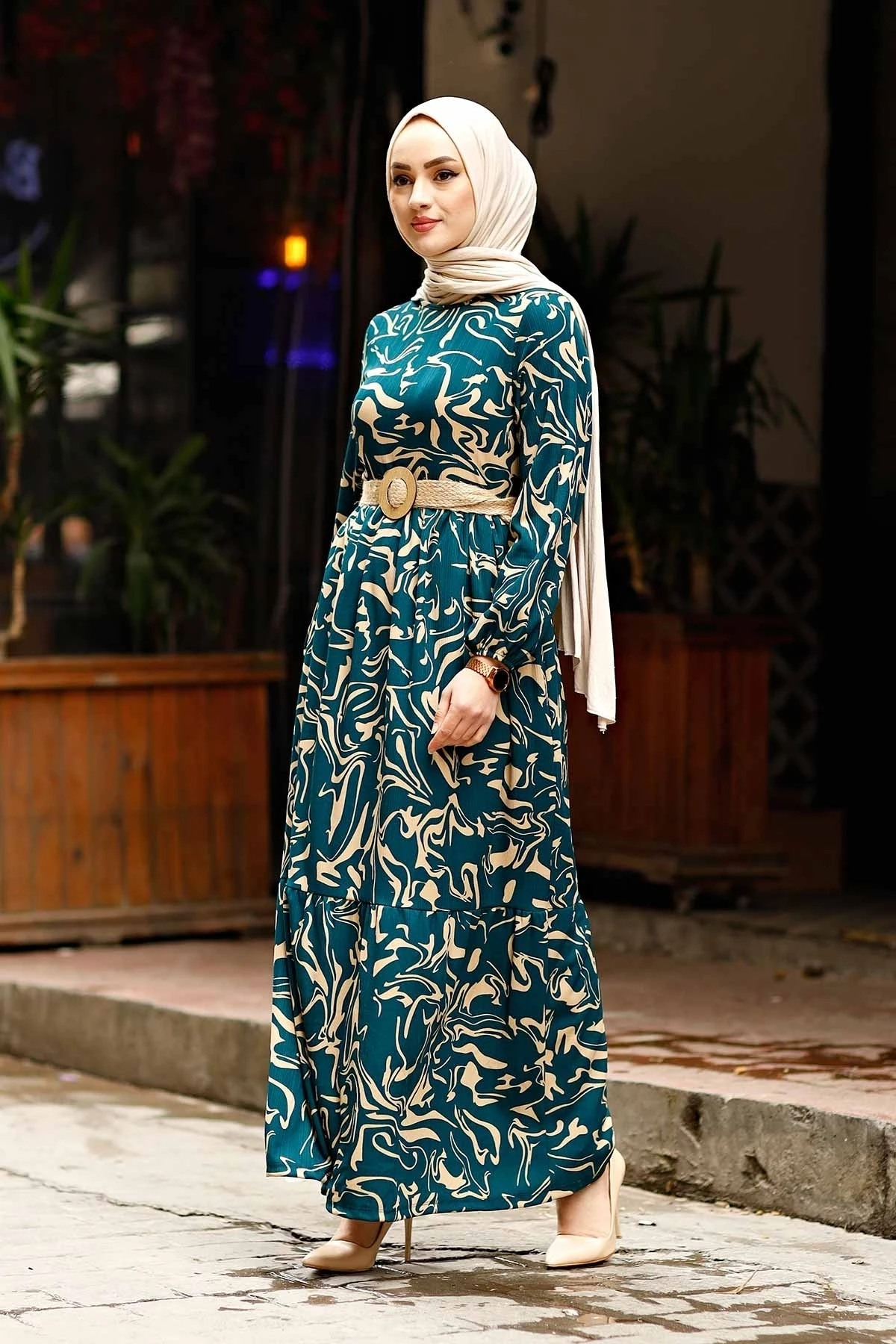 Onda padrão vestido com palha cinto onda plus size vestido de noite vestido feminino muçulmano roupas vestido hijab abaya