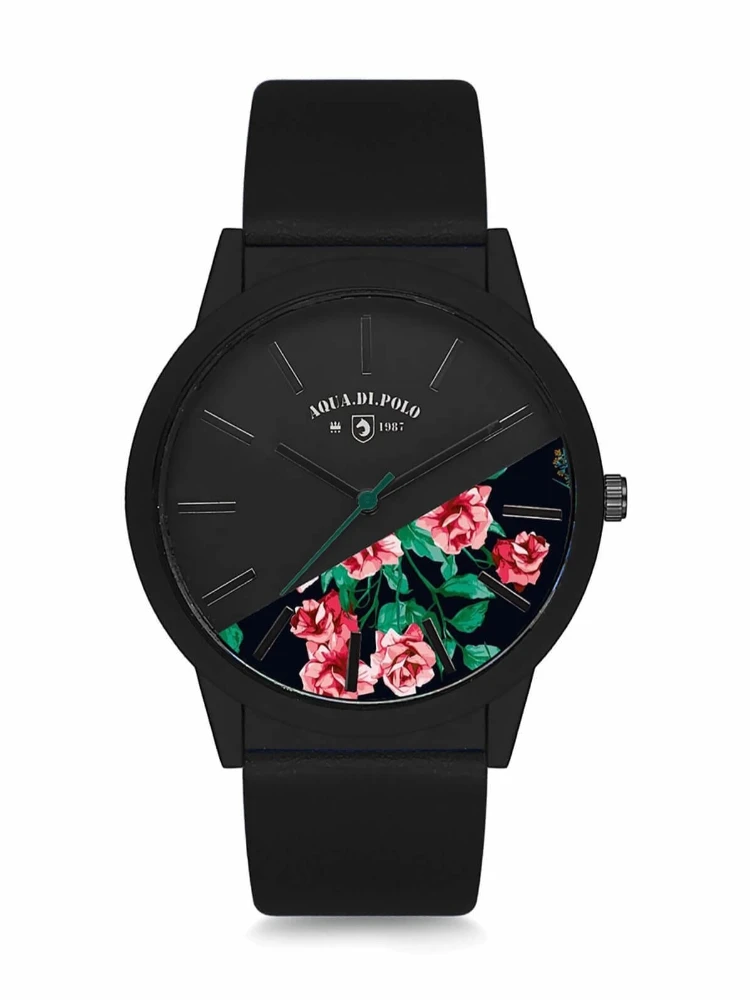 WOMEN WRISTWATCH BLACK METAL CASE LEATHER CORD ROUND GREEN DIAL ROSE FLOWER DETAILED 2021 FASHION STYLISH YESILTY AESTHETIC