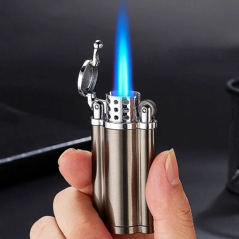 2021 NEW Creative Windproof Metal Cigarette Cigar Lighter Mini Butane Gas Grinding Wheel Lighter Blue Flame Gadgets For Men