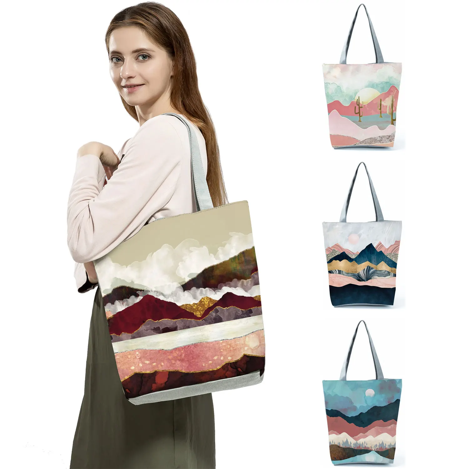 

Landscape Painting Printed Fashion Cartoon Handbags Eco Friendly High Capacity Shopping Bag Portable Foldable Women Shoulder Bag