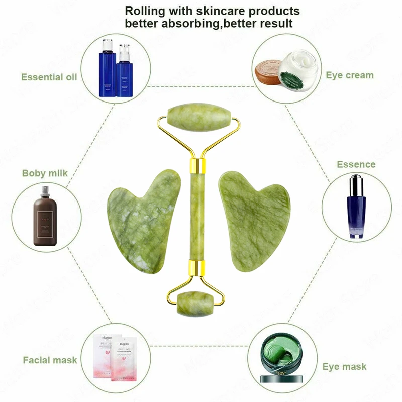 Gouache Set Alat Pijat Keruk Gua Sha Roller Giok Alami untuk Perawatan Kulit Pelangsing Pengencang Leher Tubuh Wajah
