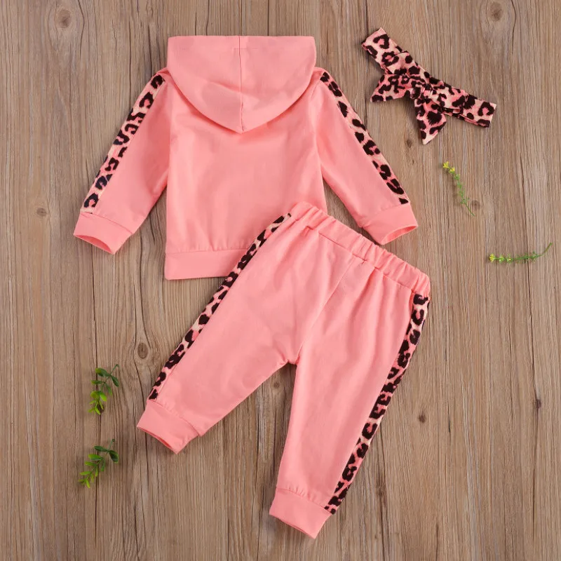 Infant Newborn Baby Girl Clothes Autumn 2023 3PCS Sets Leopard Letter Hooded Sweatshirt Pants Outfit Baby Tracksuit Set Spring