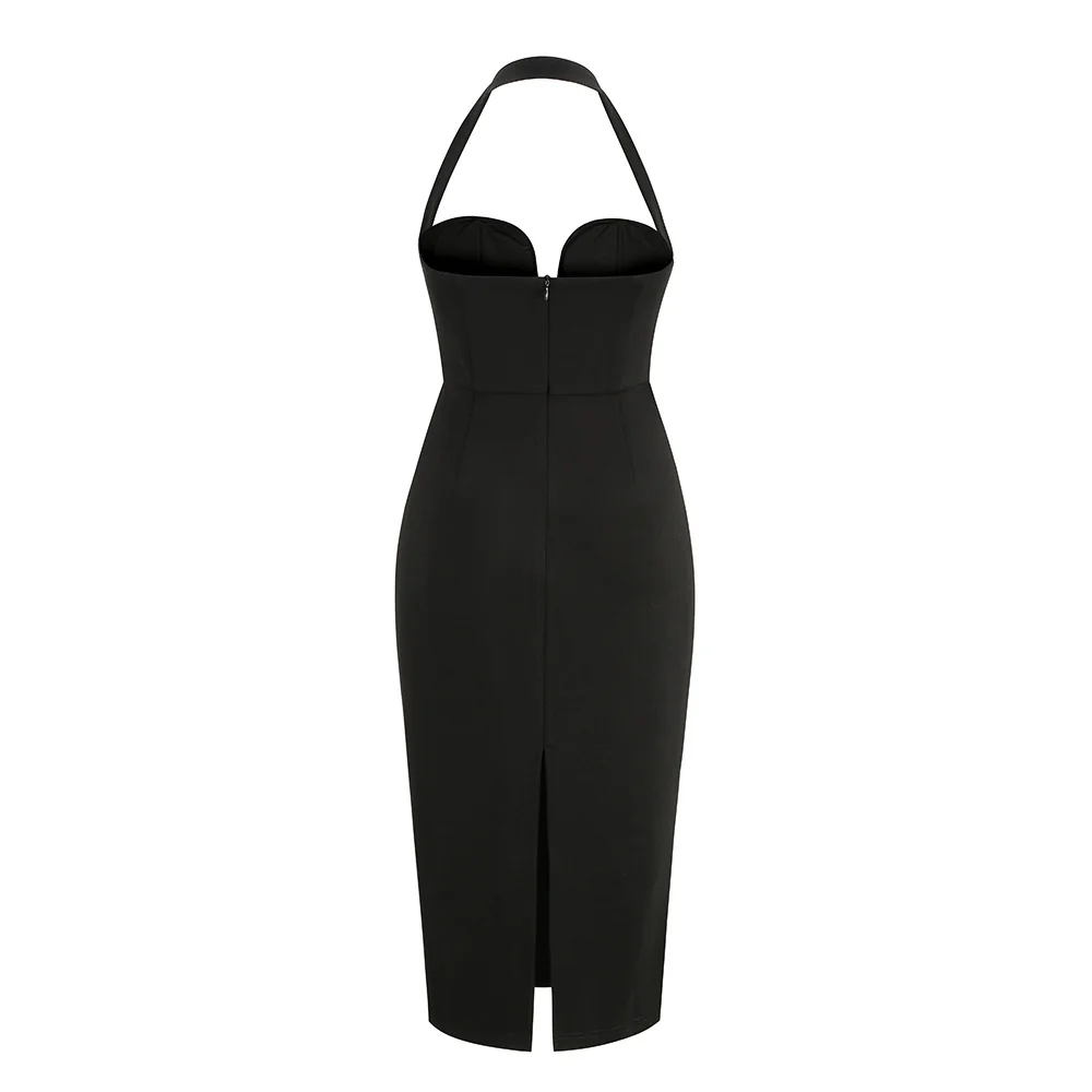 Fashion Backless Summer Halter Midi Bandage Dress Women Sleeveless Black Deep V Neck Bodycon Sexy Elegant Evening Party Dresses