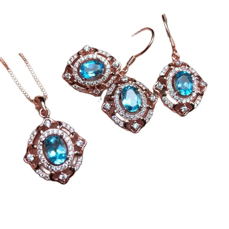 KJJEAXCMY exquisite jewelry  925 pure silver inlaid natural torpid stone  Pendant Earrings 4 sets