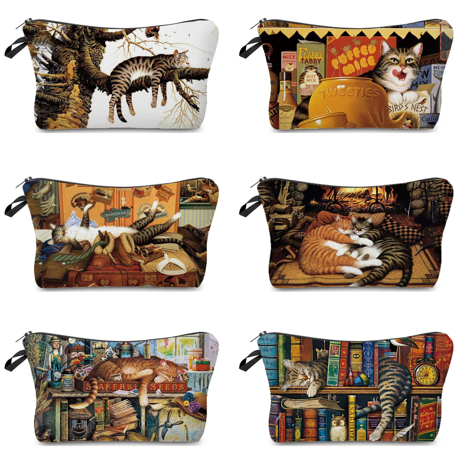 Oil Painting Cat Printed Makeup Bag Retro Fashion Cosmetic Bags Hot Sale Women\'s Bag High Quality Pencil Cases Portable Gift Bag