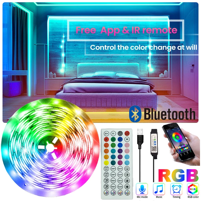 Rgb led música sincronização bluetooth luzes de tira para o quarto usb lâmpada para tv tela backlight controle app cor em mudança luces led