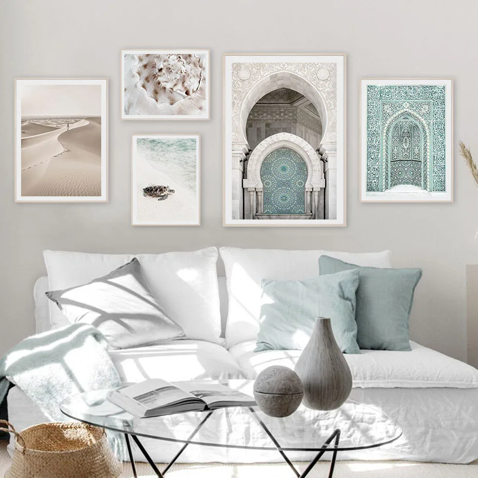 Moroccan Arch Sea Turtle Seashell Mint Green Poster Canvas Paintings Wall Art Print Pictures for Living Room Home Decoration