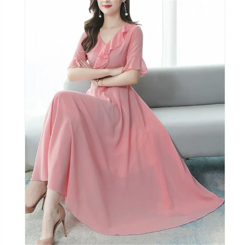 

Chiffon dress 2020 Korean summer new fashion V-neck flared sleeves Slim was thin temperament big swing dress