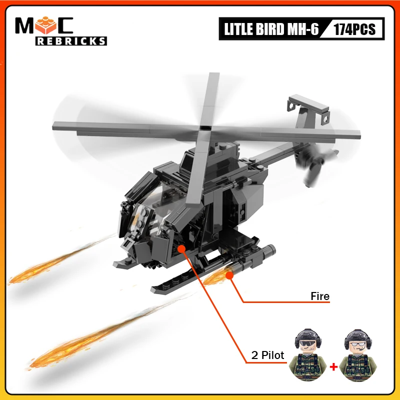 Child Toy Building Block Helicopter Little Bird MH-6 Firepower Version ww2 Military Bolls Pilot MOC Block Kit Kid Gift