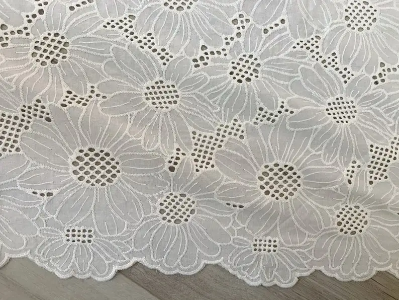 Off White Cotton Eyelet Lace Fabric With Sunflower Cotton Lace Fabric With Florals For Curtain Home Decors