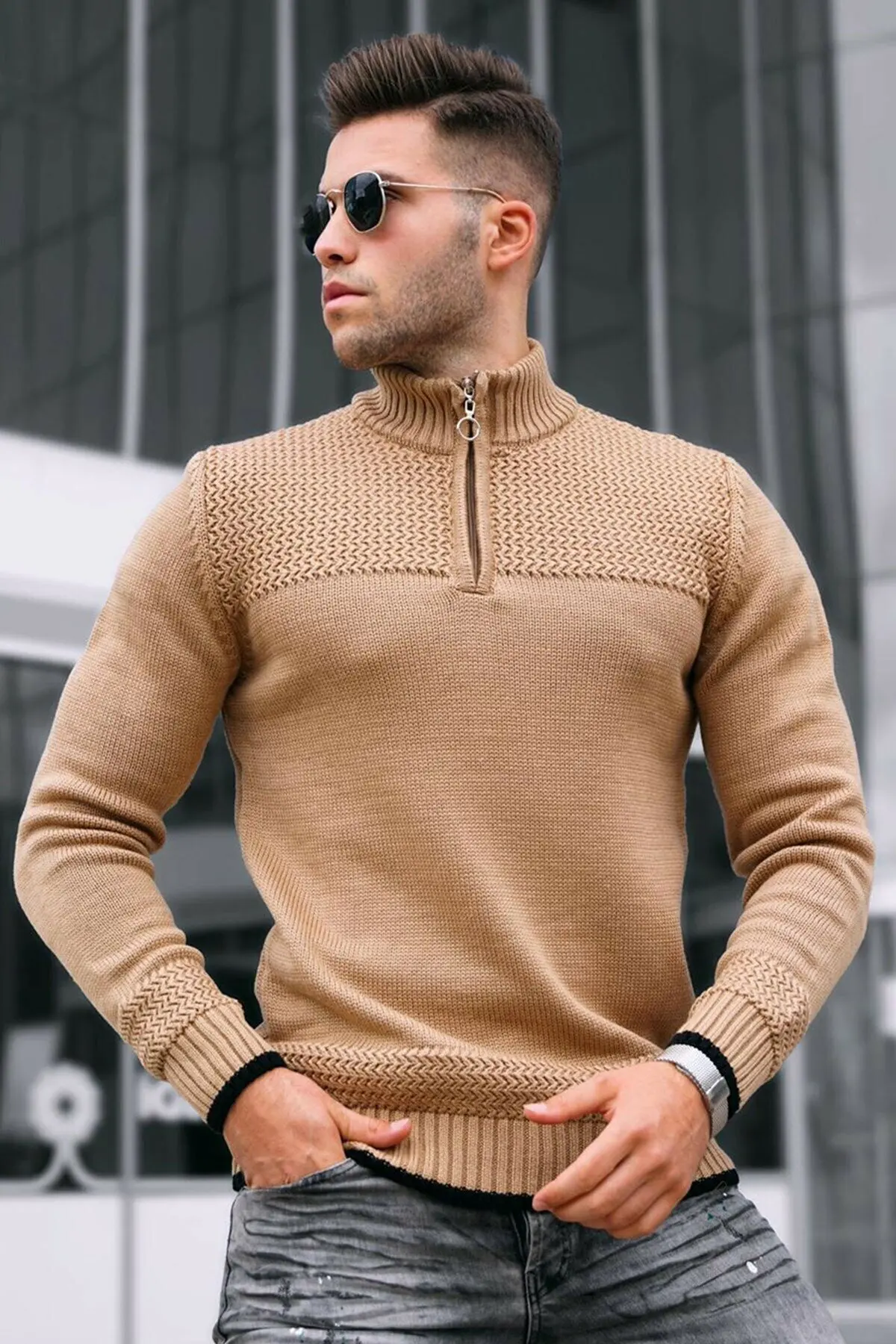 Men's Mustard Zipper Pullover Sweatshirt Cotton Polyester Stylish Design Casual Slim Fit High Quality