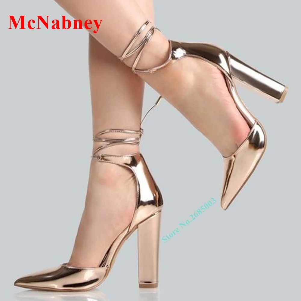 

Champagne Patent Solid Women's Sandals Pointed Toe Chunky High Heel Lace Up Ankle Hollow Sandal Summer Shoes Party Dress Fashion