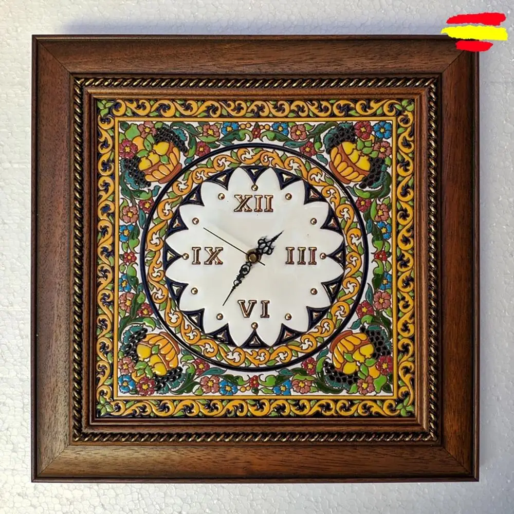 Wall Clock Framed wooden 40 cm./16in. - Ceramics Spanish - Glazed up handmade - 24 k gold - Home and decor - Artecer -