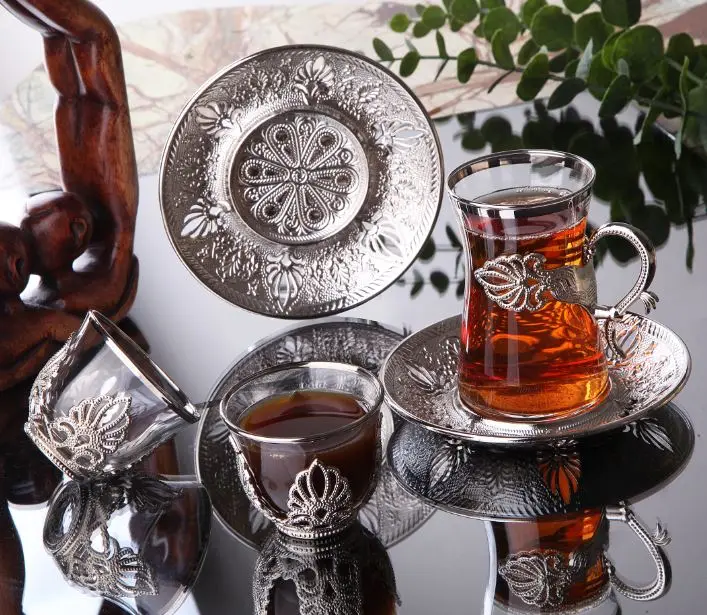 WONDERFUL AMAZİNG Handmade Authentic Gold Silver Anatolian Arabic Turkish Tea Cups And Saucers Set For Six Person.